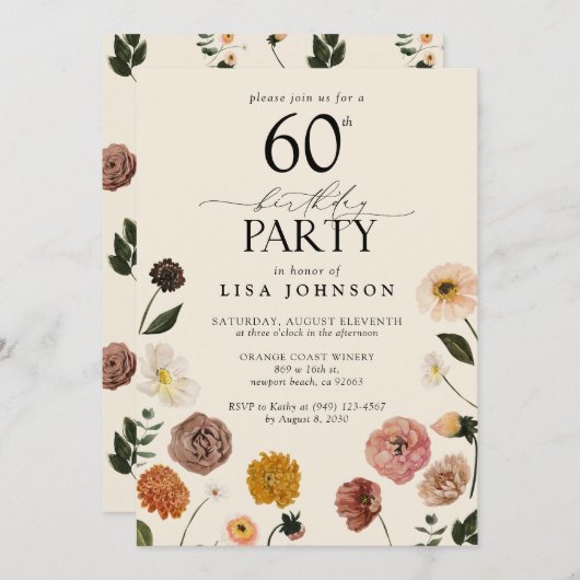 Vintage 60. Geburtstagsparty Terracotta Blume Einladung (Vorne/Hinten)