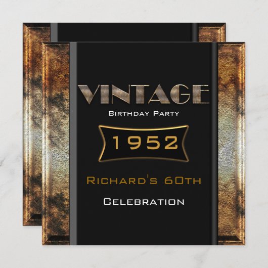 Vintage 60. Rusty Gold Black Birthday Party Einladung (Vorne/Hinten)