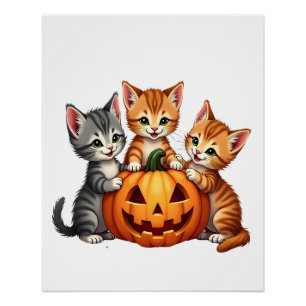 Vintage 90er Jahre Katze Kürbis Halloween Retro Fl Poster