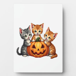 Vintage 90er Katzen-Kürbis-Halloween Retro-Floral- Fotoplatte