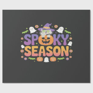 Vintage 90er Katzen-Kürbis-Halloween Retro-Floral- Geschenkpapier