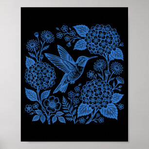 Vintage 90er Kolibri Blumen Hydrangea Botanisch Poster