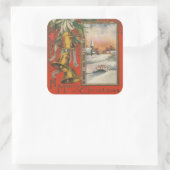 Vintage "A Fröhliche Weihnachten" mit Glocken Quadratischer Aufkleber (Tasche)