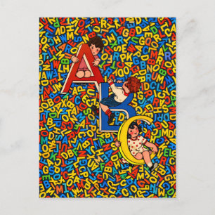 Vintage-ABC-Kinderalphabet-Illustration Postkarte