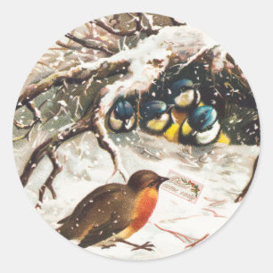 Vintage-Abildung von Vögeln im Schnee Weihnachten Runder Aufkleber