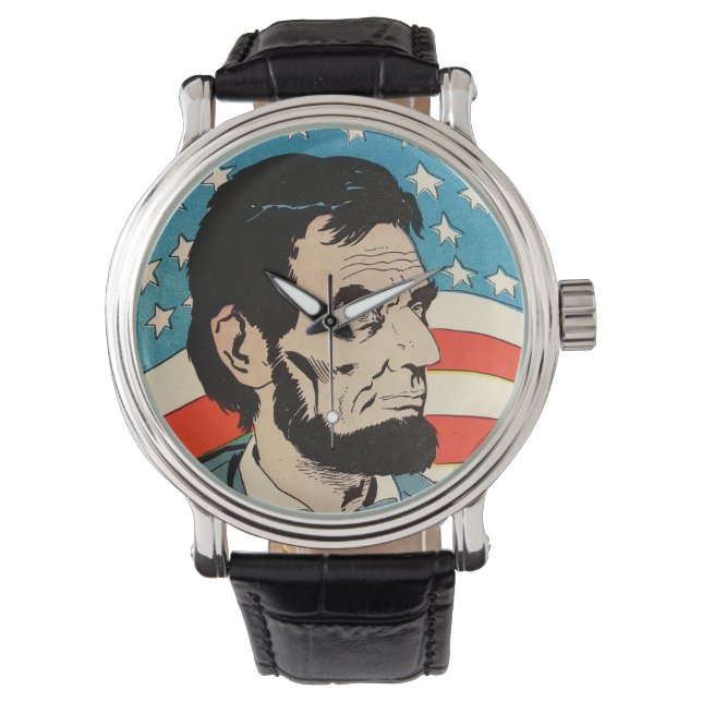Vintage Abraham Lincoln USA Flag Illustration Armbanduhr (Vorderseite)