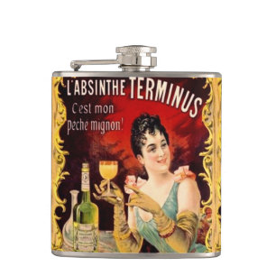 Vintage-Absinth-Dame-trinkend-Art-Nouveau-Label Flachmann