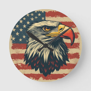 Vintage-Adler mit amerikanischer Flagge – Retro-US Runde Wanduhr