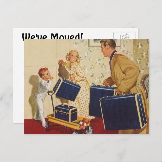 Vintage Adressenänderung, Familie mit Koffer Ankündigungspostkarte (Vorne/Hinten)