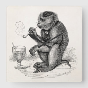 Vintage-Affe, der eine Pfeife raucht Affen Tier Quadratische Wanduhr