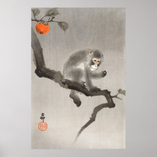 Vintage-Affe und Obst, japanischer Retro-Stil Poster