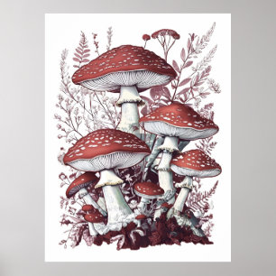 Vintage agrarrote und weiße Pilze, floral Poster