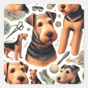 Vintage Airedale Terrier Nahtlos Quadratischer Aufkleber