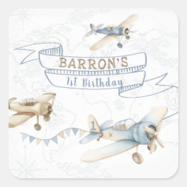 Vintage Airplane Aviator Pilot 1st Birthday Quadratischer Aufkleber