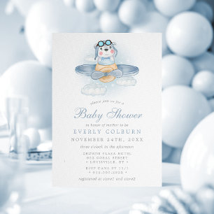 Vintage Airplane Bear Watercolor Boy Babydusche Einladung