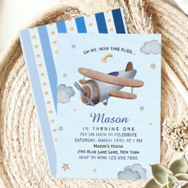 Vintage Airplane Blue Sky First Birthday Einladung