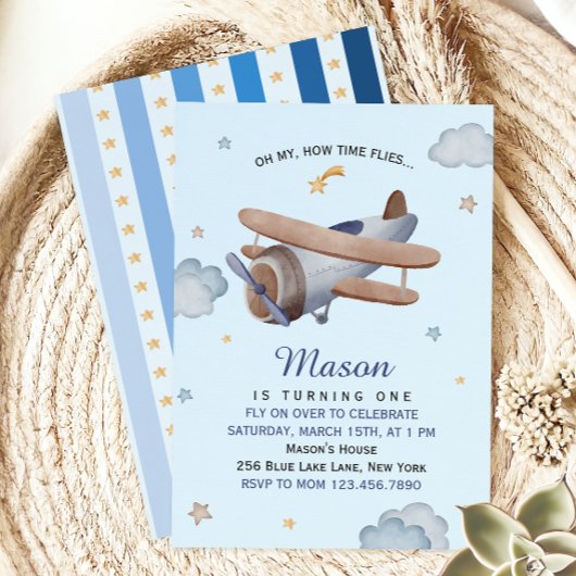 Vintage Airplane Blue Sky First Birthday Einladung