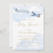 Vintage Airplane Boy Blue Gold Baby Dusche Einladung (Vorderseite)