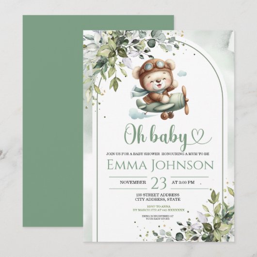 Vintage Airplane Teddy Bear Baby Shower Einladung (Vorne/Hinten)