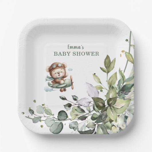 Vintage Airplane Teddy Bear Baby Shower Pappteller (Vorderseite)