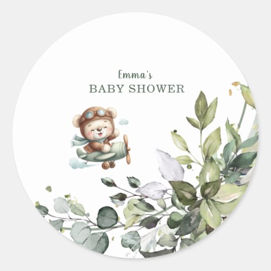 Vintage Airplane Teddy Bear Baby Shower Runder Aufkleber (Vorderseite)