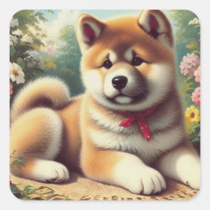 Vintage-Akita-Ölgemälde Quadratischer Aufkleber