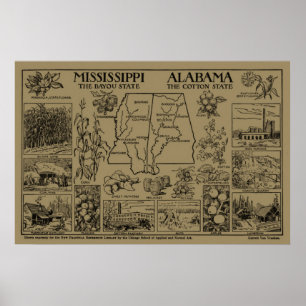 Vintage Alabama and Mississippi Illustrative Map Poster