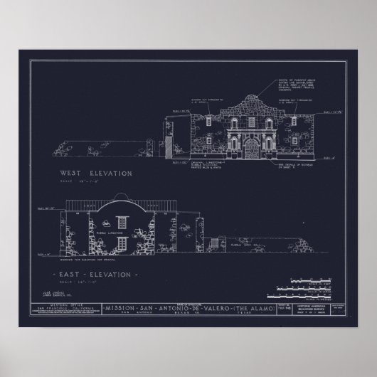 Vintage Alamo Architektur Blueprints Poster (Vorne)