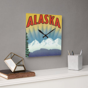 Vintage-Alaska-Reiseplakat-Kunst, landschaftliche Quadratische Wanduhr