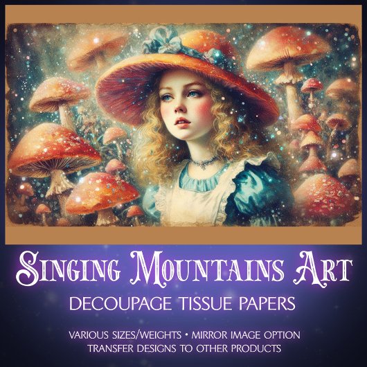 Vintage Alice and Mushrooms Decoupage Seidenpapier