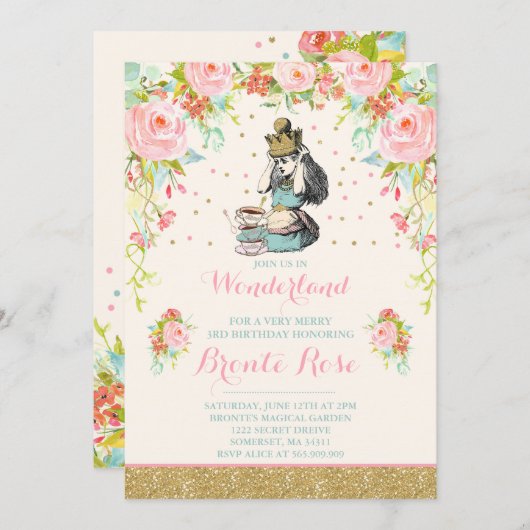 Vintage Alice im Wunderland Einladung zum Geburtst (Vorne/Hinten)
