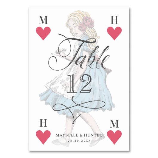 Vintage Alice im Wunderland Herzspielkarte Tischnummer (Vorderseite)