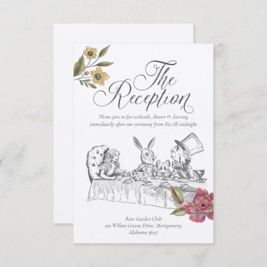 Vintage Alice im Wunderland Hochzeitsempfang Begleitkarte (Vorne/Hinten)