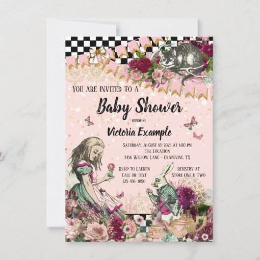 Vintage Alice im Wunderland Kinderdusche Einladung (Vorderseite)