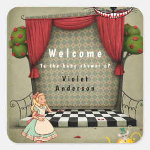 Vintage Alice im Wunderland Mädchen Baby Shower Quadratischer Aufkleber