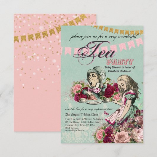 Vintage Alice im Wunderland Tee Party Benutzerdefi Einladung (Vorne/Hinten)