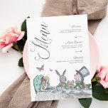 Vintage Alice im Wunderland Tee Party Menü Menükarte<br><div class="desc">Schönes Vintages Hochzeitsmenü mit Alice im Wunderland. Ideal für eine Hochzeit zum Thema Alice im Wunderland. Design bietet eine Mischung aus unseren eigenen, von Hand gezeichnet Original-Schmetterlingen. Wir haben die Vintagen Illustrationen der ikonischen Alice im Wunderland sorgfältig restauriert, indem wir sie von Hand skizziert haben, um sie mit wunderschönen Aquarellfarben-Untertönen...</div>