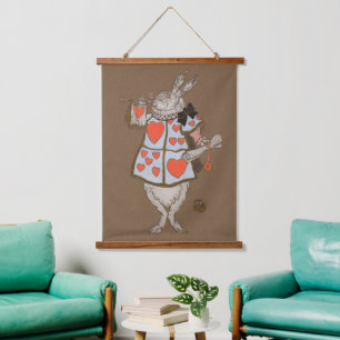 Vintage Alice im Wunderland Weißer Hase Herold Wandteppich Mit Holzrahmen