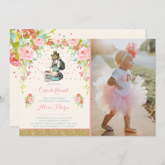Vintage Alice in der ONEderland Einladung (Vorne/Hinten)