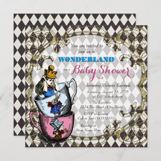 Vintage Alice Wonderland Babydusche Einladung (Vorne/Hinten)