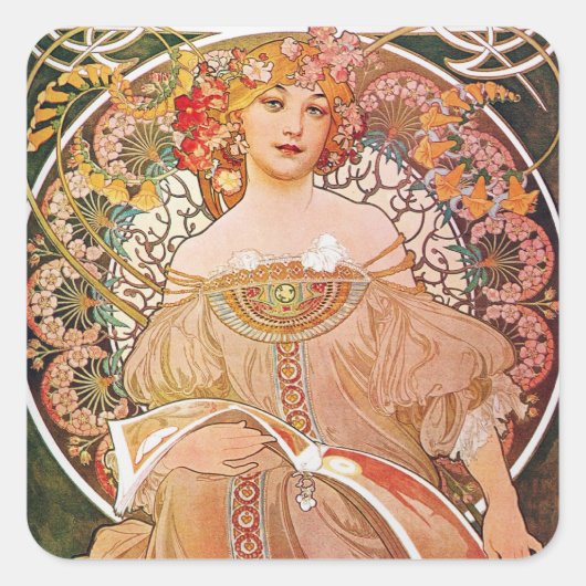 Vintage-Alphonse-Maria-Mucha-Kunst Quadratischer Aufkleber (Vorderseite)