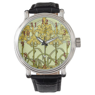 Vintage Alphonse Mucha Art Nouveau Lilien-Muster Armbanduhr