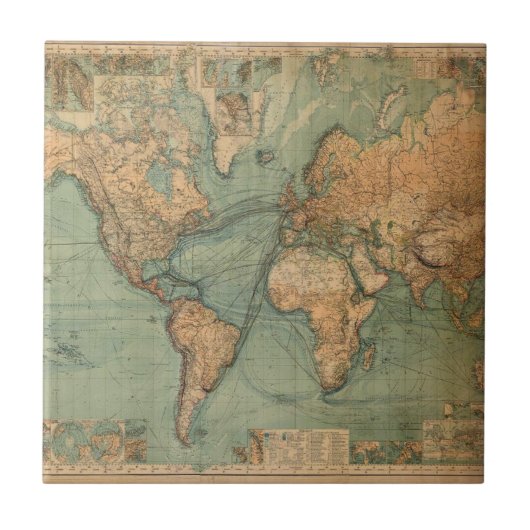 Vintage Alte Antike Weltkarte Fliese (Vorderseite)