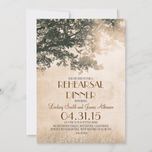 Vintage alte Eiche & Liebesvögel Probe Abendessen Einladung (Vorderseite)