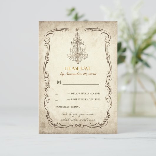 Vintage alte Kronleuchter Hochzeitskarten RSVP (Stehend Vorderseite)