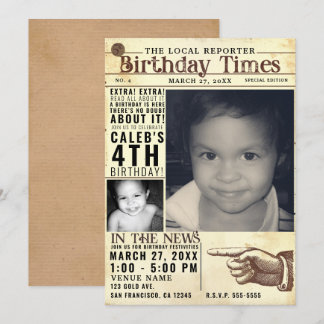 Vintage alte Retro-Zeitung Geburtstag Times 2 Foto Einladung