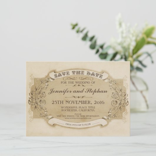 Vintage alte Save the Date Karte (Stehend Vorderseite)