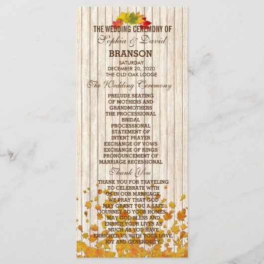 Vintage altes Holz Herbst Hochzeitsprogramm nach M Programm (Vorderseite)