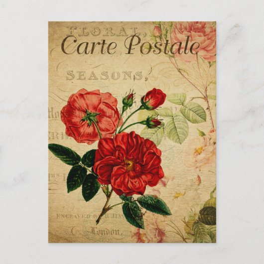 Vintage altmodische Rote Rosen Blumenfranzösisch Postkarte (Vorderseite)