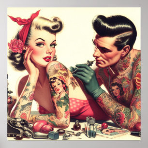 Vintage Altschule Tattoo Couple Illustration Poster
